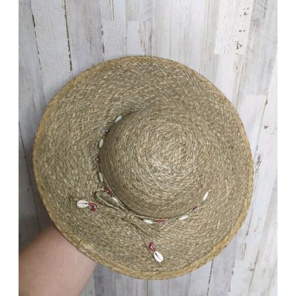 SCALA Womens Wide Brim Straw Sun Hat Beaded Shells One Size Boho Beach - Picture 7 of 10